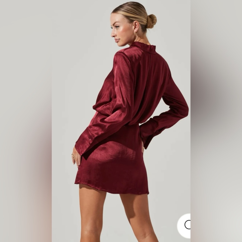 Astr The Label Ruth Burgundy Satin Shirt Dress size small - Picture 2 of 14